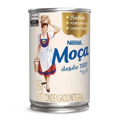 Lata de Leite Condensado Moça Nestlé, produto integral tradicional usado em receitas doces.