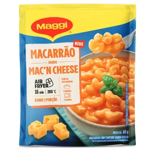 Macarrão Maggi sabor mac and cheese para preparo na air fryer, porção individual cremosa pronta em poucos minutos.