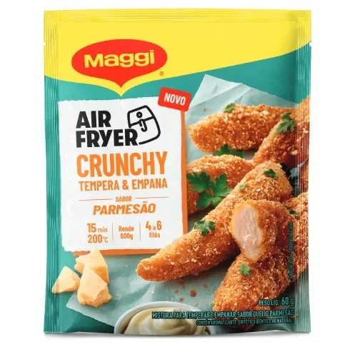Tempera e empana Maggi Air Fryer Crunchy sabor parmesão em sachê, ideal para frango crocante feito na air fryer.