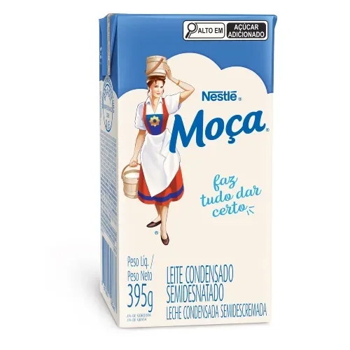 Caixa de Leite Condensado Moça Nestlé semidesnatado, embalagem de 395 g.