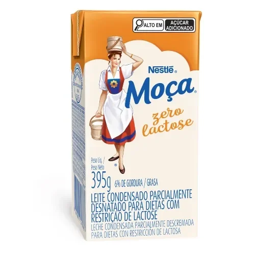Embalagem do Leite Condensado Moça zero lactose 395g, caixa bege e laranja com ilustração da Moça.