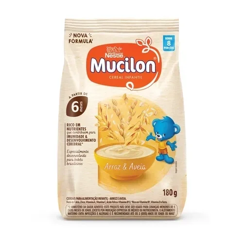Embalagem Mucilon arroz e aveia 180g, cereal infantil para bebês a partir de 6 meses, com vitaminas e ferro