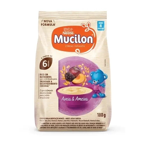 Embalagem Mucilon aveia e ameixa 180g, cereal infantil para bebês a partir de 6 meses, com vitaminas e ferro