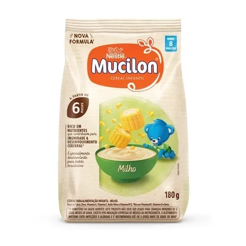 Embalagem Mucilon milho 180g, cereal infantil para bebês a partir de 6 meses, rico em vitaminas e ferro
