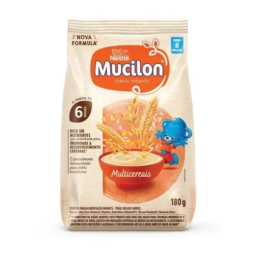 Embalagem Mucilon multicereais 180g, cereal infantil para bebês a partir de 6 meses, com vitaminas e ferro