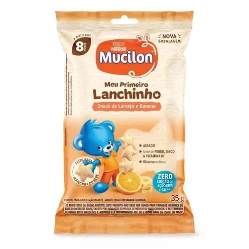 Embalagem Mucilon Meu Primeiro Lanchinho laranja e banana 35g, snack infantil sem açúcar e sal, para bebês a partir de 8 mese