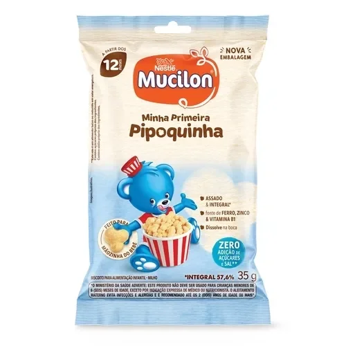 Embalagem Mucilon Minha Primeira Pipoquinha 35g, snack infantil assado, sem açúcar e sal, para bebês a partir de 12 meses