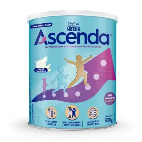 Lata de Nestlé Ascenda sabor baunilha, com ilustração de crescimento infantil e destaque para vitaminas e minerais.