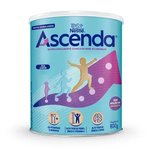 Lata de Nestlé Ascenda sem sabor 800g, com ilustração de crescimento infantil e destaque para vitaminas e minerais.