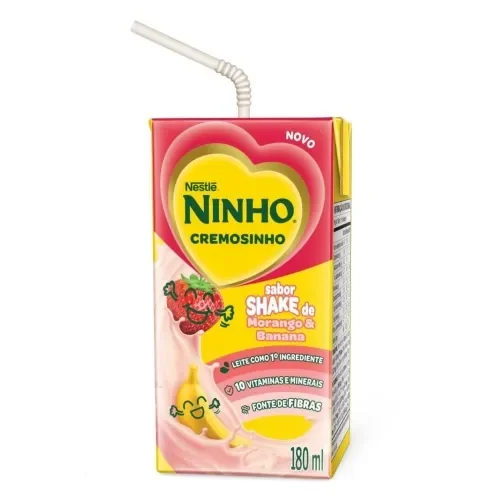 Caixinha de Ninho Cremosinho sabor shake de morango e banana, bebida láctea com vitaminas e fibras.