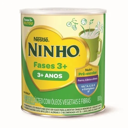 Lata de Ninho Fases 3+ para crianças acima de 3 anos, com vitaminas, minerais e fibras para fase pré-escolar.
