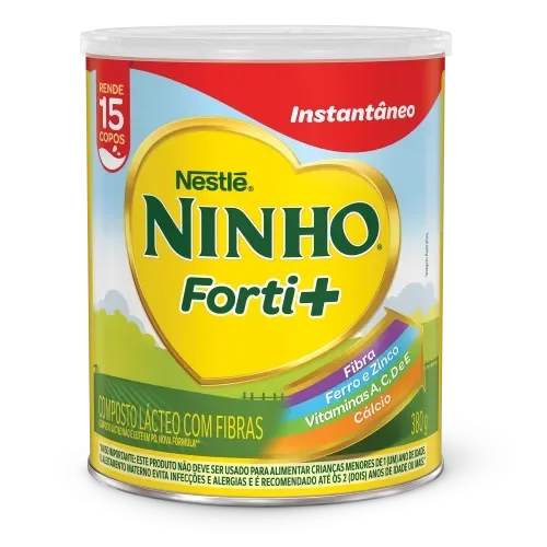 Lata de Ninho Forti+ instantâneo, composto lácteo com fibras, cálcio, ferro, zinco e vitaminas A, C, D e E.