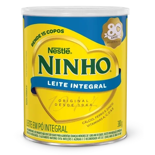 Lata de Ninho Leite Integral em pó, enriquecido com cálcio, ferro, zinco e vitaminas A, C, D e E.