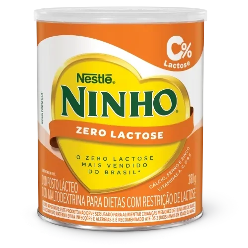 Lata de Ninho Zero Lactose, composto lácteo com vitaminas, cálcio, ferro e zinco para dietas sem lactose.