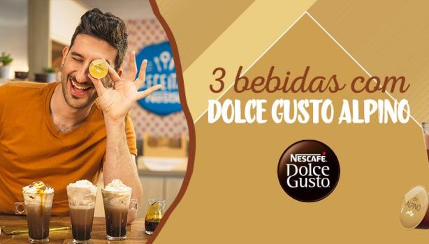 Imagem escrito 3 Bebidas com Dolce Gusto Alpino seguido do logo da marca e no lado esquerdo uma foto do Lucas com 3 bebidas.