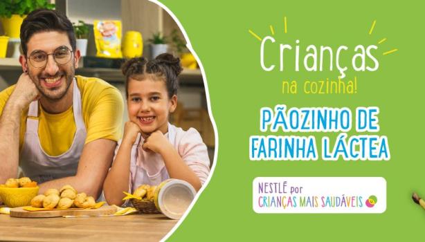 Luke e Estela com pãezinhos, texto “Crianças na Cozinha! Pãozinho de Farinha Láctea". 