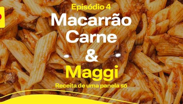 Imagem aproximada de macarrão tipo penne com molho e os dizeres do programa com o logo de Maggi