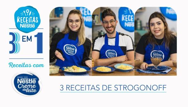 Montagem com três fotos de pessoas com pratos de comida, em tons de azul e branco e com os dizeres do nome do programa e logo