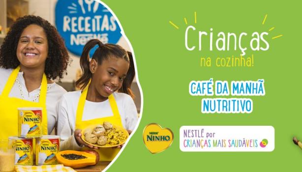 Imagem com o logo de Crianças Na Cozinha escrito “Café da Manhã Nutritivo”. À esquerda, foto da Priscila e Júlia.