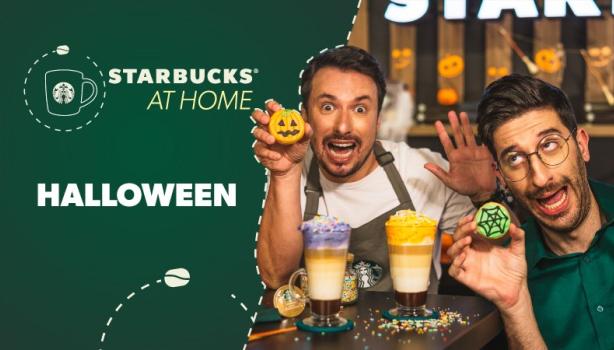 Imagem com o logo de Starbucks At Home escrito “Halloween”. À esquerda, foto do Dani e Luke.