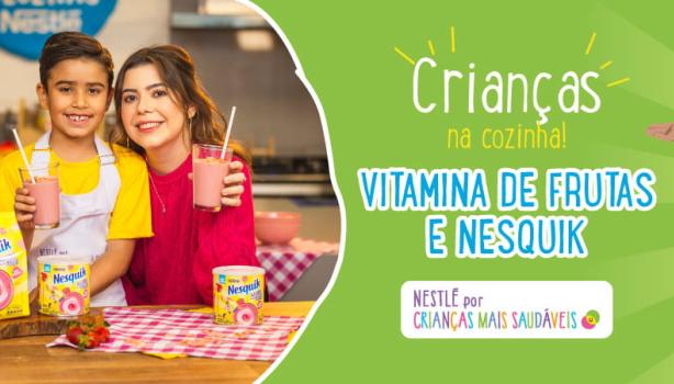 Montagem de uma foto de um menino e uma menina, uma bancada com copos, bebidas e frutas e os dizeres do programa à direita