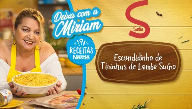 Montagem com a foto de uma mulher loira com a receita à esquerda e os dizeres com nome da receita e marcas à direita