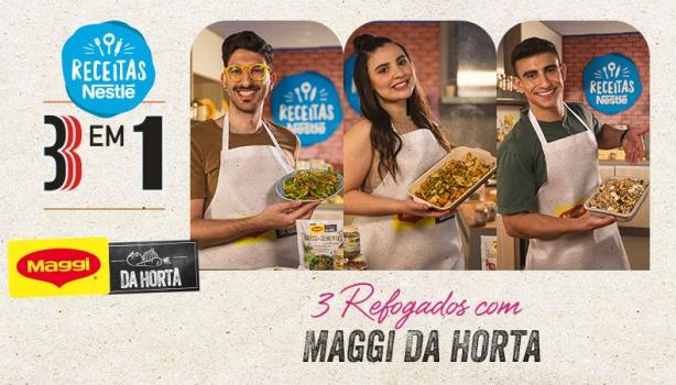 Montagem de três fotos com dois homens e uma mulher segurando pratos de comida e ao lado os dizeres do programa