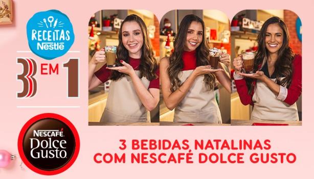 Montagem com três fotos de três mulheres segurando cada uma sua receita de bebida natalina e os dizeres do programa ao redor 