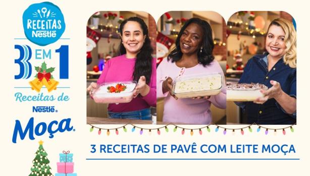 Montagem com três mulheres lado a lado segurando receitas em mãos, além dos dizeres do programa, logotipos e imagens de natal