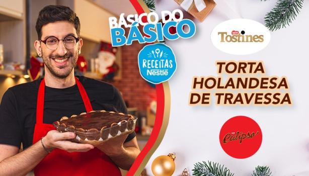 Imagem de um rapaz à esquerda com um doce feito em uma travessa e num ambiente de natal e à direita os dizeres do programa