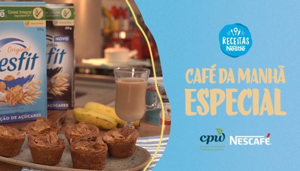 Imagem da receita de muffins e café ao lado esquerdo e os dizeres do programa no lado direito