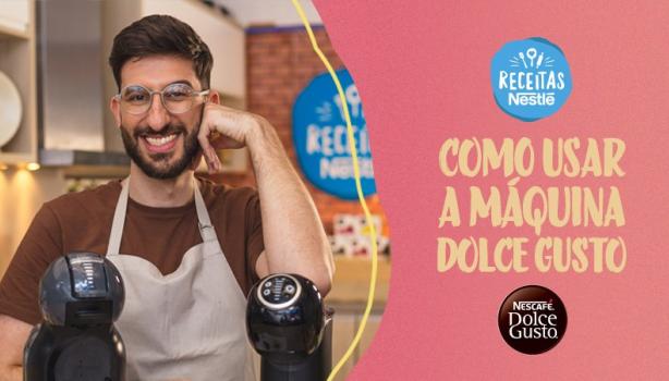 Imagem de um home mostrando as máquinas Dolce Gusto e ao lado direito os dizeres do título e as logomarcas.