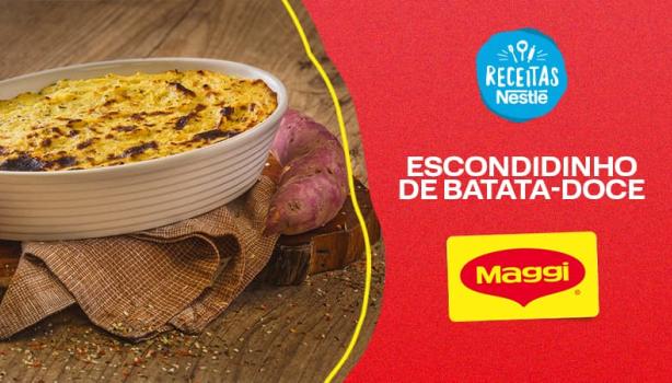 Imagem de uma receita de escondidinho, com batatas-doces ao redor, numa bancada e do lado direito o nome da receita e o logo