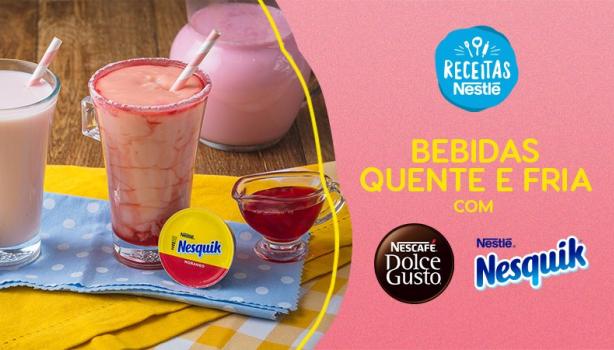 Montagem com a imagem das bebidas rosas à esquerda e os dizeres do programa e título das receitas à direita