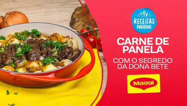 Montagem com a imagem da receita de Carne de Panela à esquerda e o nome do programa à direita com o logo de Maggi