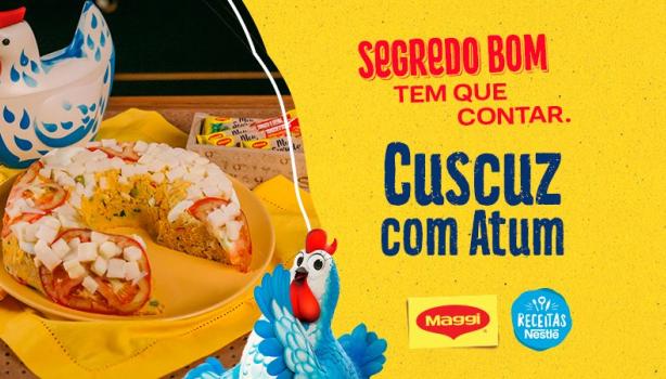 Montagem com a foto do cuscuz com atum à esquerda, o nome do programa e da receita à direita e a galinha azul no centro 