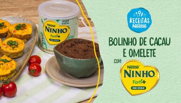 Montagem com a imagem das receitas à esquerda e ao lado o título, com fundo em verde e logo de Ninho e Receitas Nestlé.