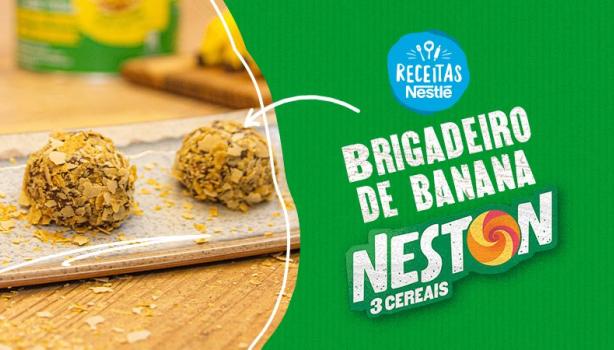 Montagem com a imagem da receita à esquerda e ao lado o título, com fundo em verde e logo de Neston e Receitas Nestlé.