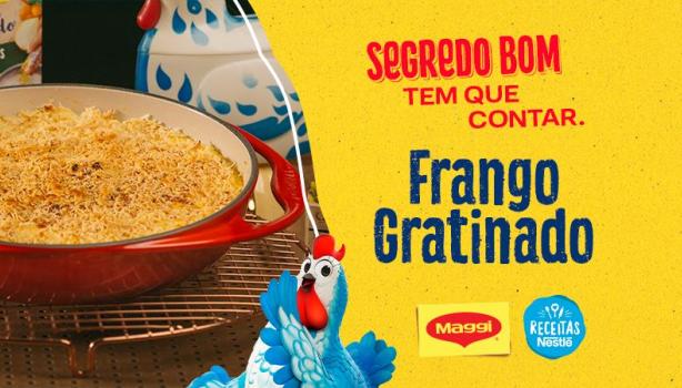 Montagem com a foto do frango gratinado à esquerda, o nome do programa e da receita à direita e a galinha azul no centro