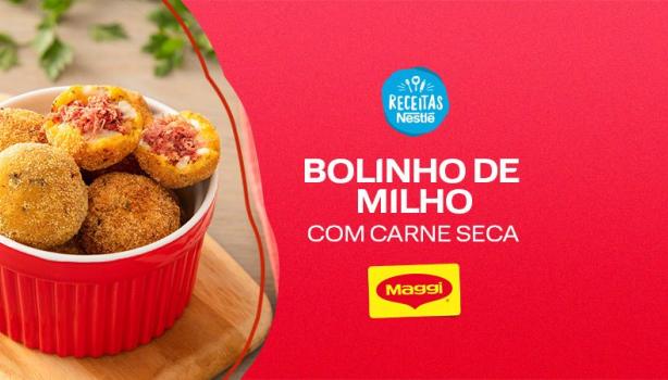 Montagem com a imagem dos bolinhos à esquerda e ao lado o título da receita, com fundo chapado em amarelo e logo de MAGGI e R