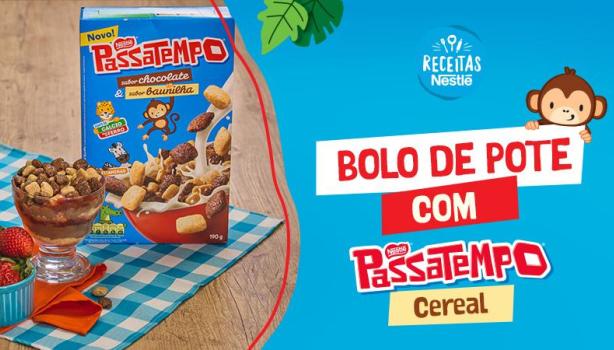 Montagem com a imagem da receita à esquerda e ao lado o título, com fundo em azul e logo de Passatempo e Receitas Nestlé.