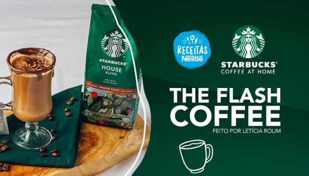 Montagem com a imagem da receita à esquerda e ao lado o título, com fundo verde e logo de Starbucks e Receitas Nestlé.