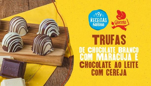 Montagem com a imagem das trufas à esquerda e ao lado o título da receita, com fundo chapado em amarelo e logo de Garoto e Re