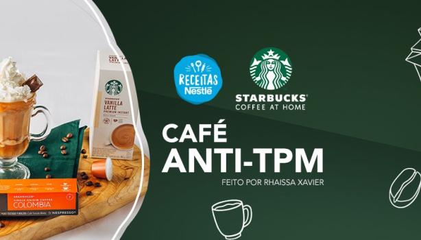 Montagem com a imagem da receita à esquerda e ao lado o título, com fundo verde e logo de Starbucks e Receitas Nestlé.