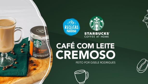 Montagem com a imagem da receita à esquerda e ao lado o título, com fundo verde e logo de Starbucks e Receitas Nestlé.