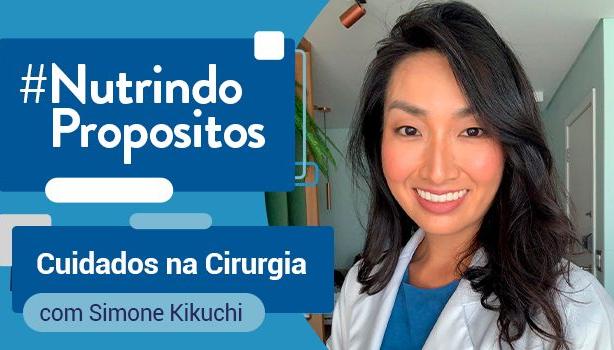 Fotografia da nutricionista com um fundo azul e alguns elementos de retângulo e riscos.