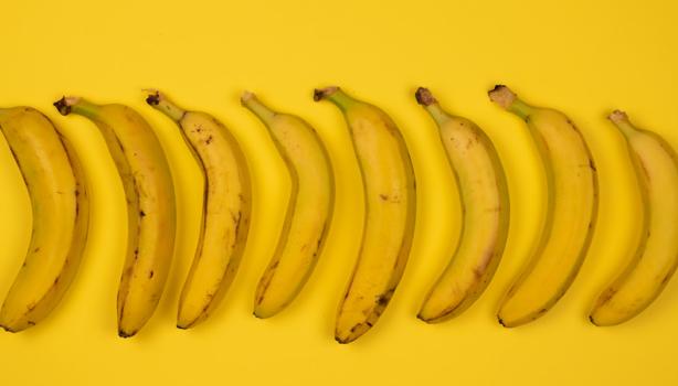 Bananas enfileiradas em cima de um pano amarelo 
