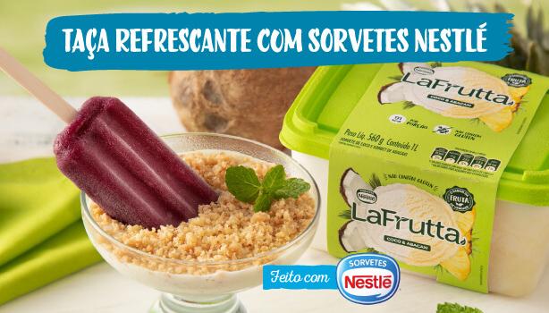  Imagem da receita de Taça Refrescante com Sorvetes com o nome acima e os logos de receitas nestlé e sorvetes nestlé