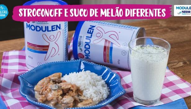 Fotografia de strogonoff com suco e o logo de Receitas Nestlé e Modulen.