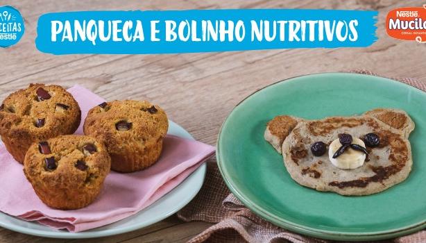 Fotografia da panqueca e bolinho e logo de Receitas Nestlé e Mucilon.